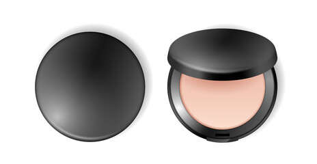 Face compact makeup powder face highlighter. Realistic cosmetic powder in black round plastic case