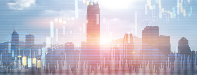Illustration Website Banner City Financial growth graph. Sales increase, marketing strategy concept