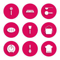 Set Spatula, Kitchen whisk, Chef hat, Bakery bowl dough, timer, Bread loaf, Measuring spoon and Strainer icon. Vector