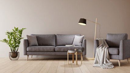 Fototapeta Living room interior with gray velvet sofa, armchair, floor lamp and plant on warm, sepia wall. 3D render. 3D illustration. obraz
