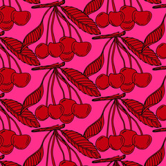 Cherry fruit seamless pattern, abstract repeated background. For paper, cover, fabric, gift wrap, wall art, interior décor. Simple surface pattern design. Vector. Illustration