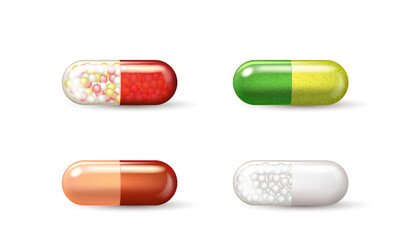 Set of medical pills, realistic capsules with colorful glossy halves. Pharmacy drugs, antibiotics