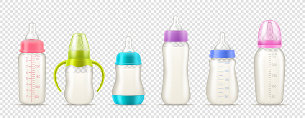 Realistic baby milk bottles. Glass and plastic bottles with silicone rubber pacifiers and covers