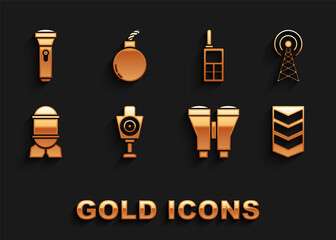 Set Human target sport for shooting, Radar, Military rank, Binoculars, Aviation bomb, Walkie talkie, Flashlight and Bomb ready to explode icon. Vector