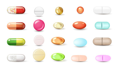 Pills and capsules realistic set. Tablets, vitamins and food supplement. Medicament and treatment