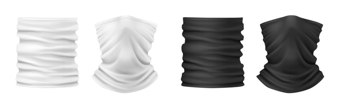 Face buff and bandana masks black and white. Realistic neck wear warming cloth for male and female