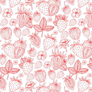 Line drawn doodle strawberries on white background. Seamless summer cute pattern. Good for packaging.