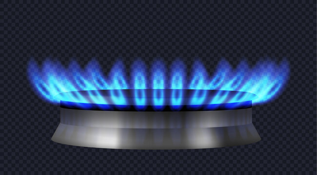 Realistic gas burner with blue flame. Burner of modern gas stove or oven for food cooking