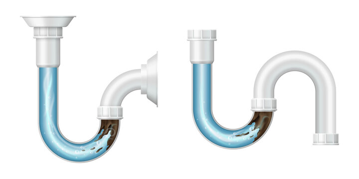 Realistic drain pipe clogged with mud, 3d set. Sink pipe with liquid cleaning detergent effect