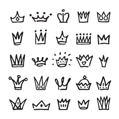 Hand drawn princess crowns. Black crown, isolated simple graphic icons. Luxury king elements, doodle children decorative tidy vector design