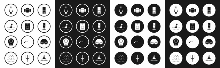 Set Wetsuit for scuba diving, Backpack, Floating buoy on the sea, Carabiner, Gauge scale, Diving watch, Glasses and cap swimming and hood icon. Vector