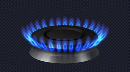 Modern gas burner with blue flame. Front view gas burner ring. Realistic burner propane butane oven - obrazy, fototapety, plakaty