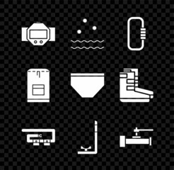 Set Diving watch, Cold and waves, Carabiner, belt, Snorkel, Industry metallic pipes valve, Backpack and Swimming trunks icon. Vector