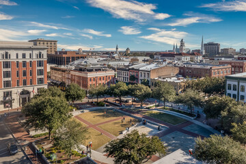 Aerial view of Ellis square Congress street in Savannah historic downtown with oval shaped park,...