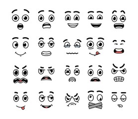 Cartoon face expression. Mouth and eyes expressing, happy faces. Expressive emotions, isolated smiling, angry, crying decent vector characters