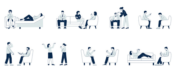 Fototapeta na wymiar Psychotherapy. Psychologist counseling, therapy and communication. Patient on sofa or chair, different people with stress. Support recent vector set