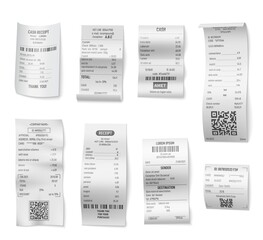 Receipts bill. Paper receipt design, realistic check bills. Store invoice, restaurant cafe atm ticket. Financial documents, banking or market payments exact vector
