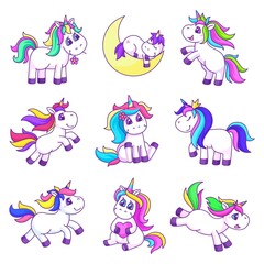 Cute cartoon unicorn. Unicorns design, fashion baby elements. Girl animals, cutie magic horses and pony. Garish objects for birthday or party vector set