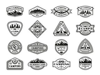 Naklejka premium Camping badges. Adventure signs, travellers in mountains. Outdoor extreme travel emblem, vintage hiking and vacations patches, tidy retro vector set