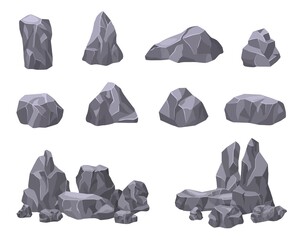 Cartoon natural stones. Rock piles, stone 3d elements. Isolated broken pebbles, giant boulder. Grey cracked mountain and gravel, exact vector collection