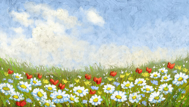 Oil paintings summer landscape, flowers in the field. Fine art, artwork, meadow with flowers