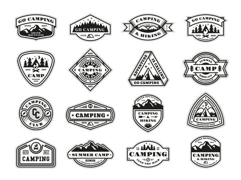 Camping badges. Adventure signs, travellers in mountains. Outdoor extreme travel emblem, vintage hiking and vacations patches, tidy retro vector set