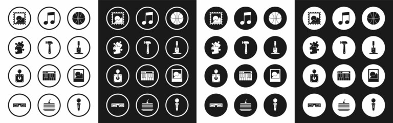 Set Basketball ball, Hammer, Piece of puzzle, Picture landscape, Shovel in the ground, Music note, tone, Photo frames and Joystick for arcade machine icon. Vector