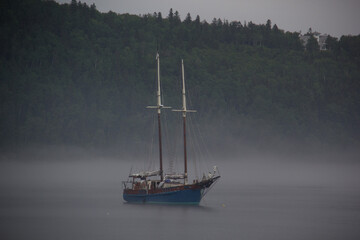 Ship on a foggy morning, ghost ship in fog