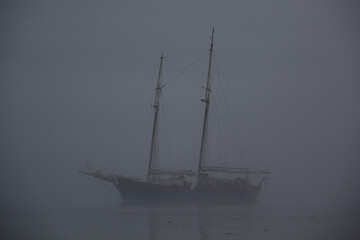 Fototapeta na wymiar Ship on a foggy morning, ghost ship in fog