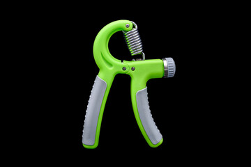 Green Hand Grip Strengthening Tool isolated on black background.