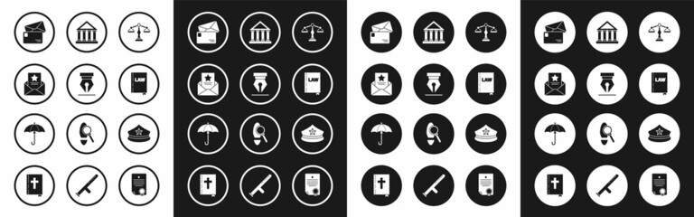 Set Scales of justice, Fountain pen nib, The arrest warrant, Envelope, Law book, Courthouse building, Police cap with cockade and Umbrella icon. Vector