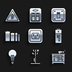 Set Electrical outlet in the USA, High voltage power pole line, Diesel generator, Battery, Light bulb with concept of idea, light switch and sign icon. Vector
