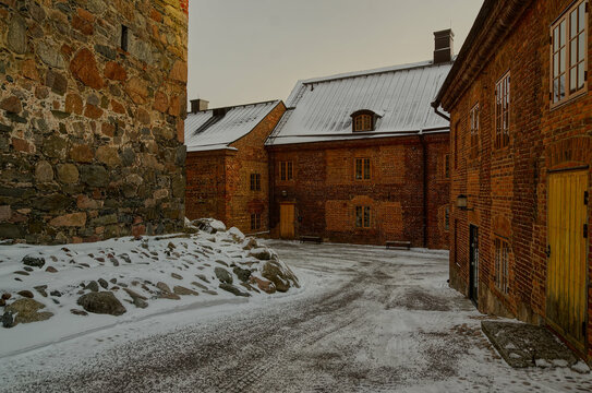 Hämeen linna brick castle keep yard in Finland during winter. 