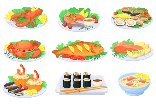 Cartoon seafood plate. Sea food dishes, cooking fish barbecue, dinner baked salmon, mediterranean shrimp, cooked lobster lunch, crab salad, steak octopus set neat vector