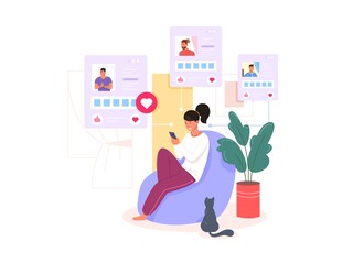 Woman search love in phone. Girl using dating mobile application finding like partner, person with cellphone hand send message online profile romantic date garish vector