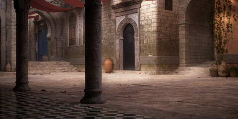 Empty courtyard in an Arabian town with stone buildings, tiled floor, plant pots and dappled sunlight. 3D illustration. - obrazy, fototapety, plakaty
