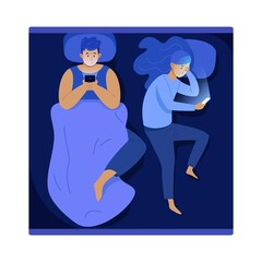 Couple in bed with phone. Bored man and woman with bedding watching news in cellphone at night, unhappy relationship, vector illustration