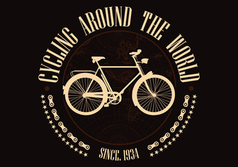 Beautiful vintage bicycle over and old earth globe with "cycling around the globe" sentence, stars and bicycle chains over dark brown at background. Travel and Cycling concept
