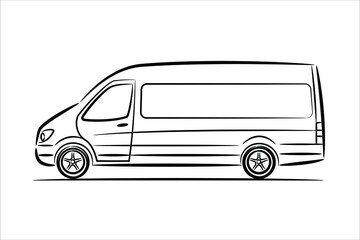 Cargo van abstract silhouette line art view from side. Vector illustration on white background.
