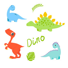 Childish colorful dinosaur vector set for fashion clothes, fabric, posters, stickers isolated on white