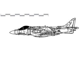 McDonnell Douglas AV-8B Harrier II Plus. Vector drawing of VSTOL ground-attack aircraft. Side view. Image for illustration and infographics. - obrazy, fototapety, plakaty