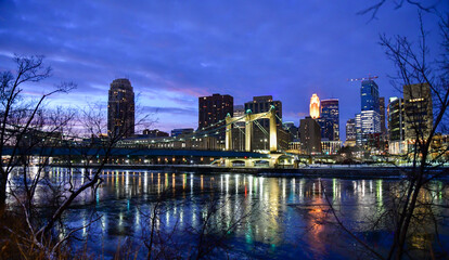 Fototapeta na wymiar City skyline under winter sunrise colors