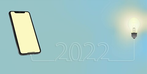 Creative idea light bulb 2022 new year, smartphone and 2022 lettering
