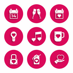 Set Music note, tone with hearts, Heart tag, hand, Coffee cup, Lock, shape in light bulb, Calendar and February 14 icon. Vector