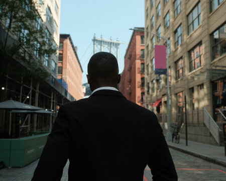 USA, New York City, Rear view of man in suit standing on street