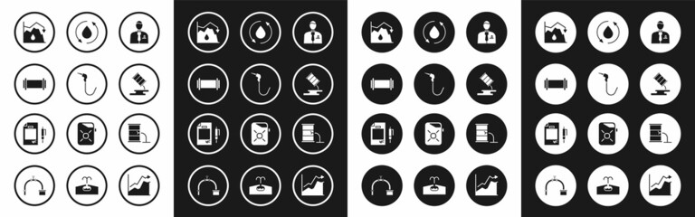 Fototapeta premium Set Businessman or stock market trader, Gasoline pump nozzle, Industry pipe, Drop crude oil price, Barrel leak, Oil drop, and Contract money and pen icon. Vector