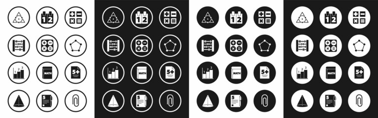 Fototapeta premium Set Calculator, Abacus, Triangle math, Geometric figure Pentagonal prism, Calendar, Test exam sheet and Graph, schedule, chart, diagram icon. Vector