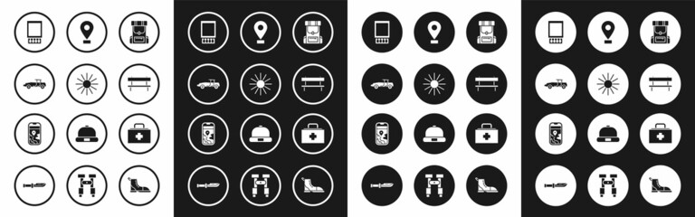 Set Hiking backpack, Sun, Car, Open matchbox and matches, Bench, Location, First aid kit and City map navigation icon. Vector