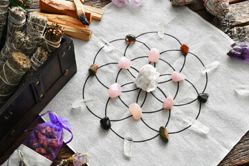 A top view image of a healing crystal grid using healing crystals and sacred geometry. 