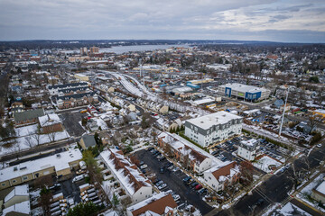 Fototapeta premium Aerial Drone of Snow in Red Bank New Jersey 